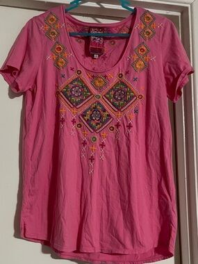 Johnny Was Pink Embroidered Cotton Top Size Small